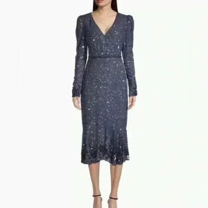 Mac Duggal Dress 10740 Blue Long Sleeve Beaded Sequin Evening Gown NWT